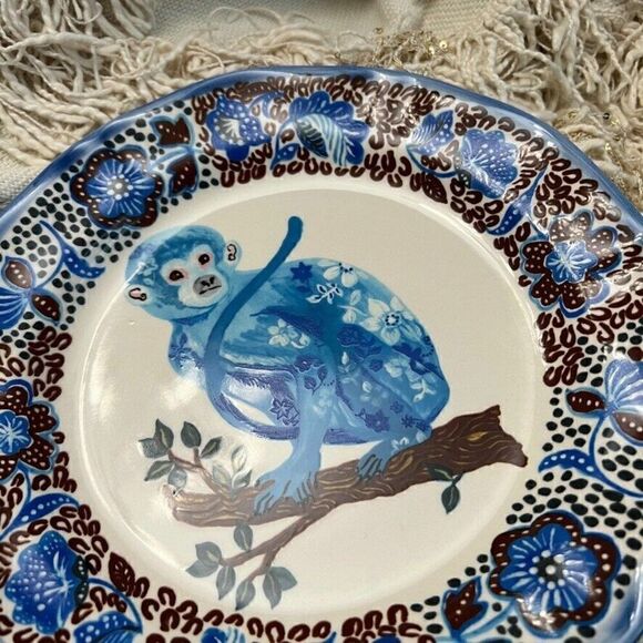 ANTHROPOLOGIE Nathalie Lete Blue Monkey Floral Collector 10" Dinner Plate Art - Picture 2 of 6